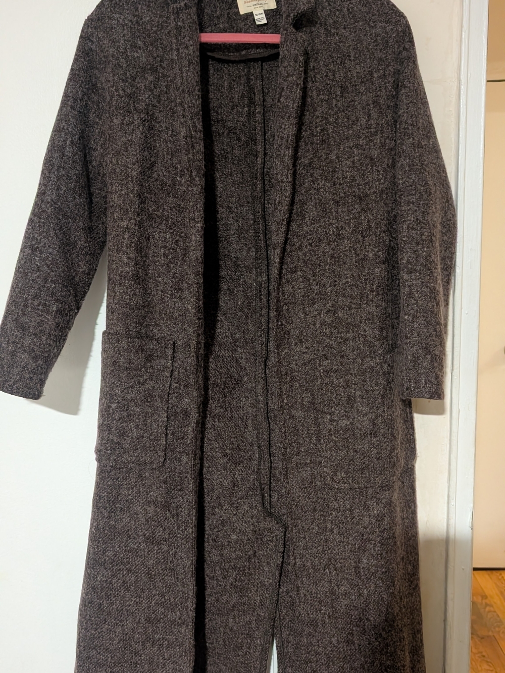 Women Long Open-Front Coat - Charcoal Brown. No Buttons